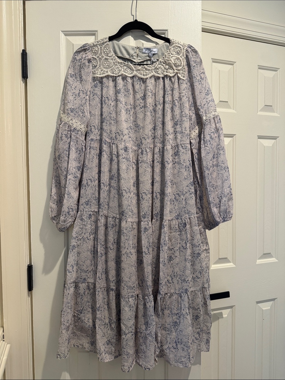 Polagram Cream dress with Blue Floral Print and Lace Yoke NWT